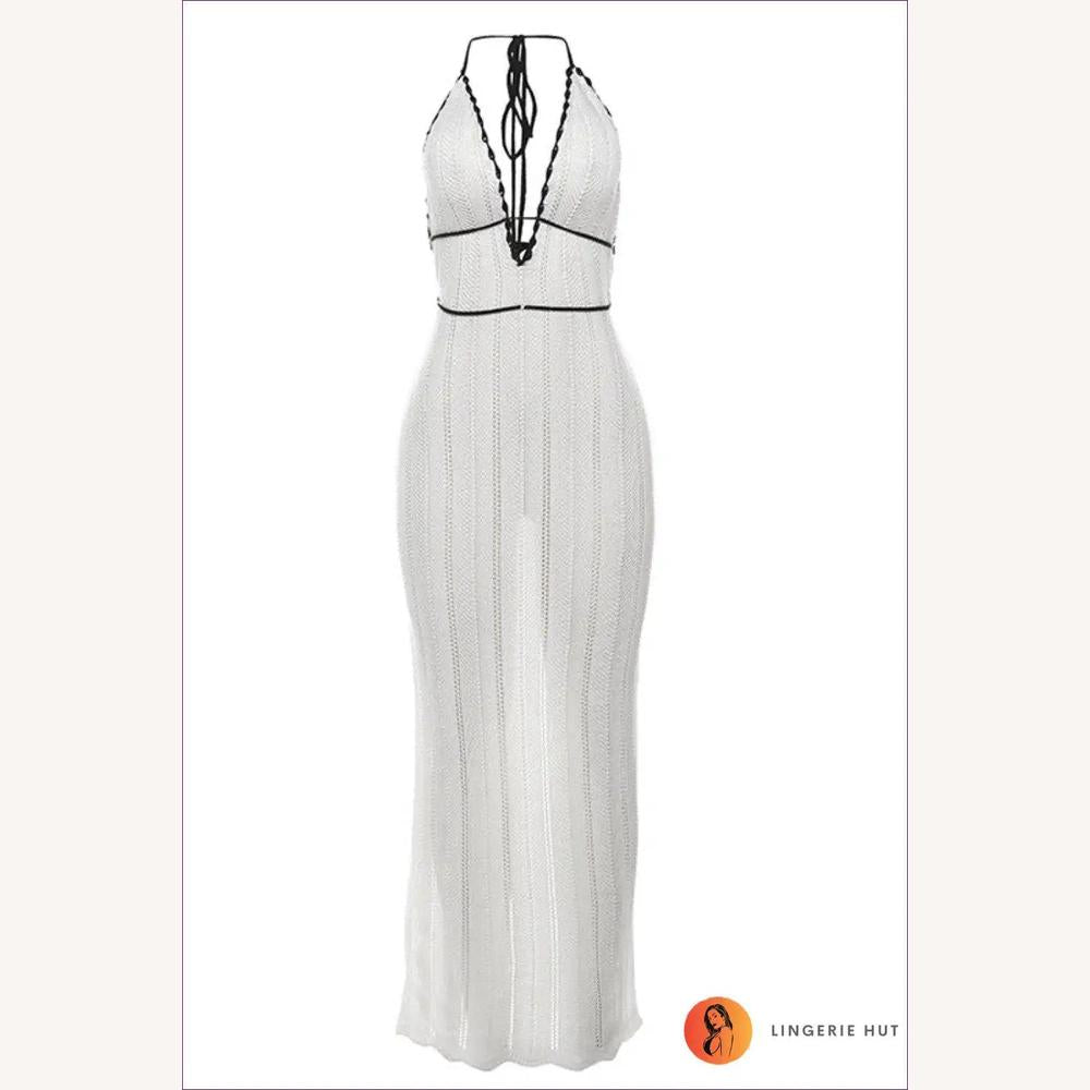 Robe Longue Femme Halter en Crochet Blanc – Élégance Été pour Mariages et Soirées
