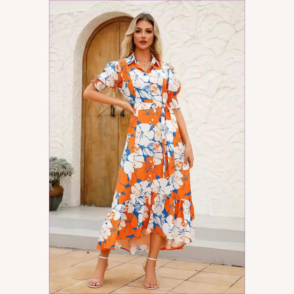 Robe Longue Femme Imprimée Florale Boutonnée avec Ceinture – Élégance d'Été en Polyester