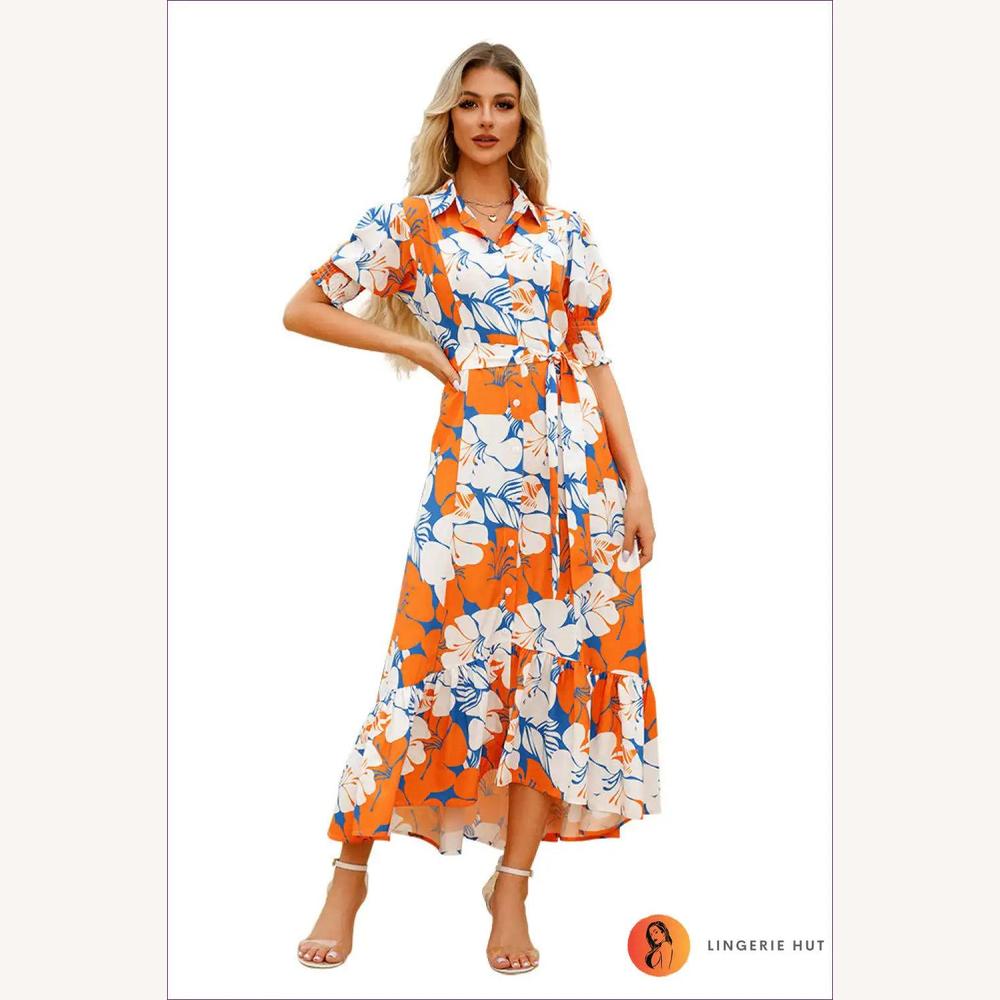 Robe Longue Femme Imprimée Florale Boutonnée avec Ceinture – Élégance d'Été en Polyester