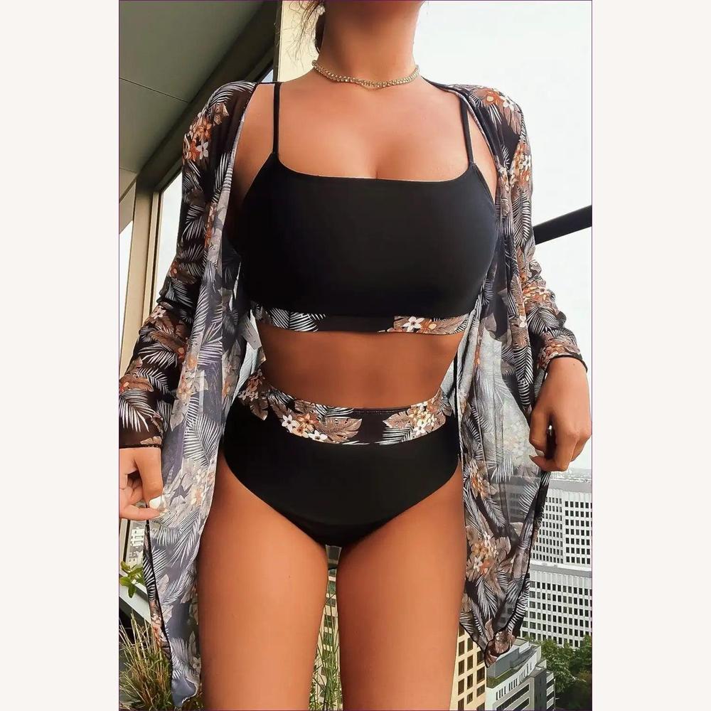 Maillot de Bain Femme Trois Pièces Taille Haute avec Chemisier à Manches Longues – Style Boho Chic Floral