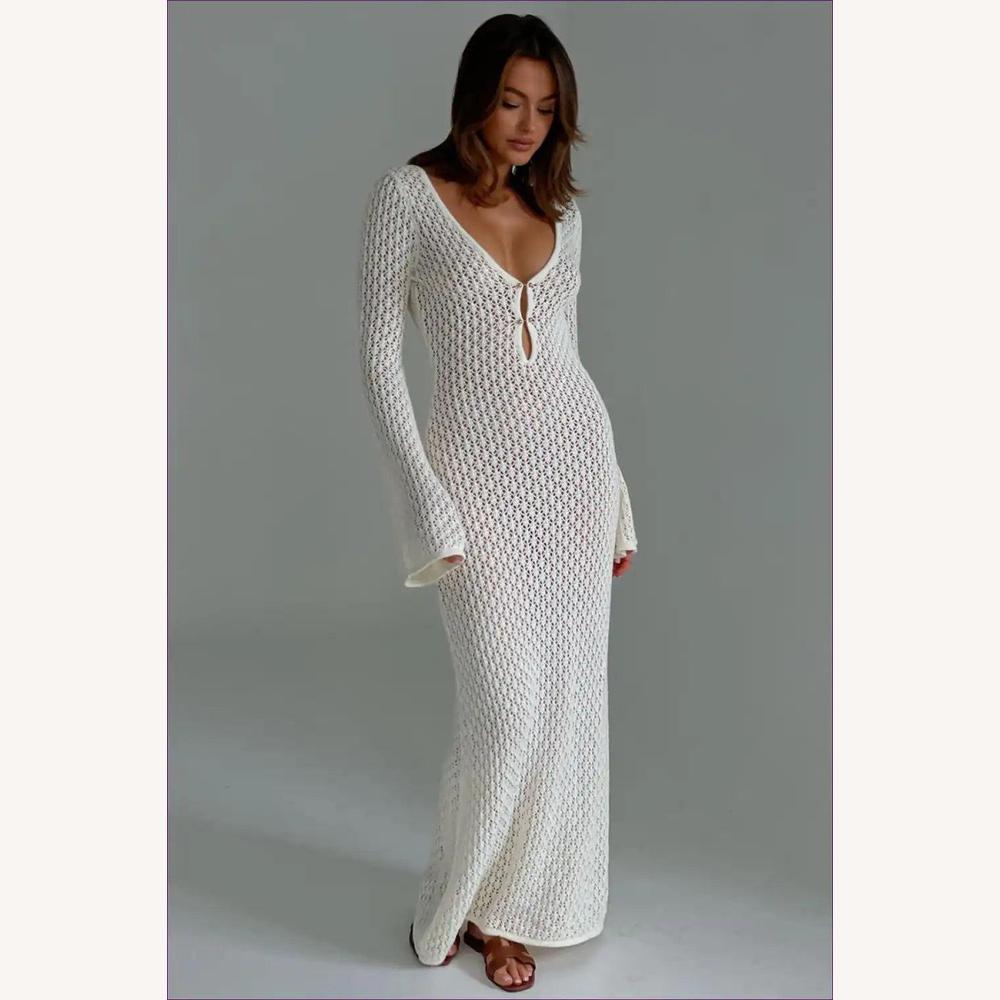 Robe de Soirée Longue Chic en Jersey avec Découpes Audacieuses et Col en V – Élégante et Sexy pour Femmes