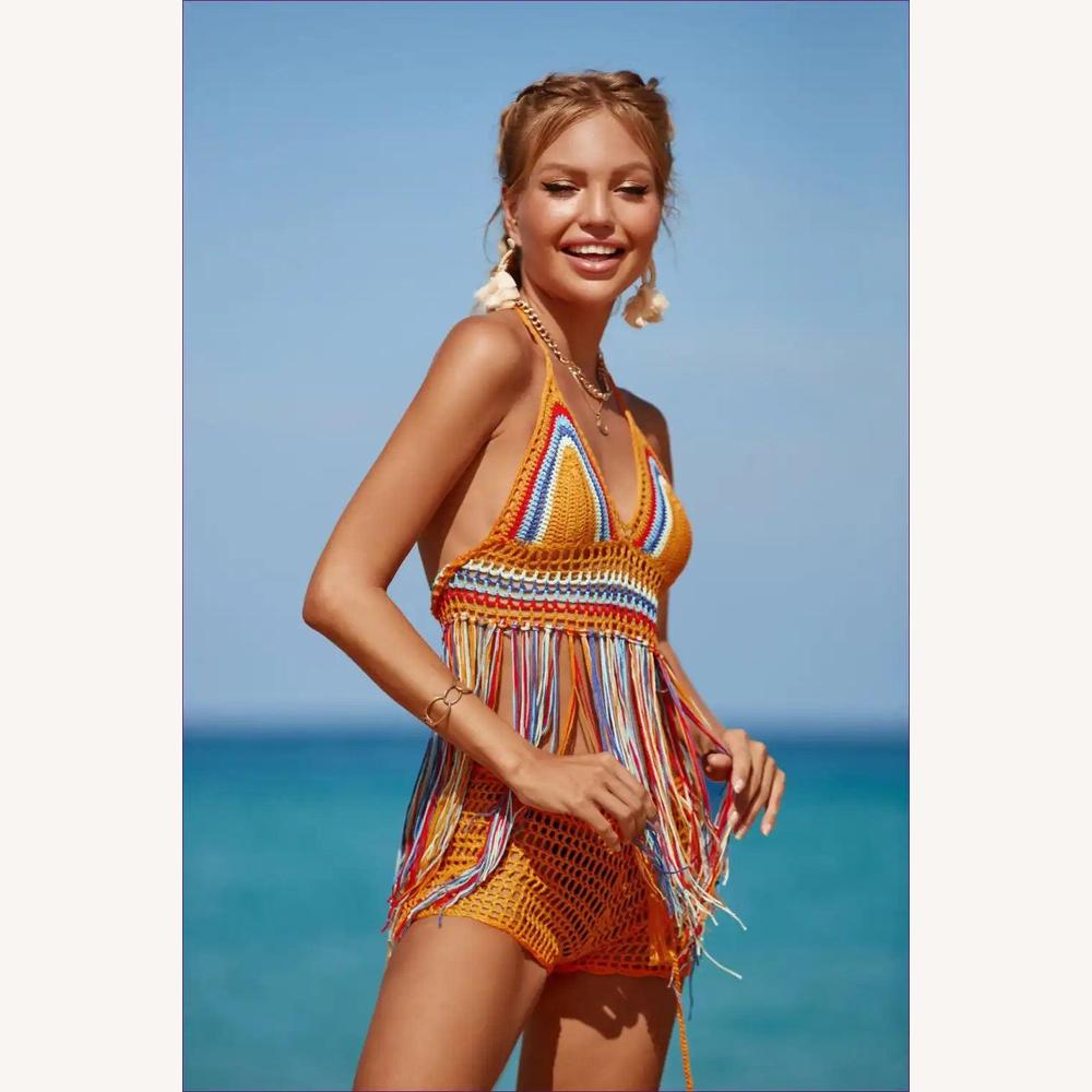 Haut de Maillot de Bain à Crochet Multicolore avec Détails en Gland – Style Élégant et Ajustement Slim pour Femme