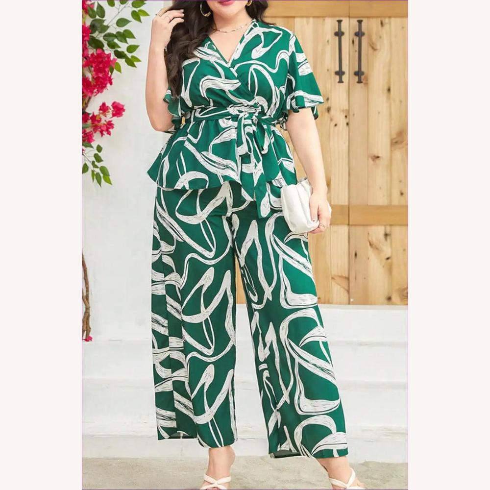 Ensemble Deux Pièces Femme Imprimé Abstrait Vert – Haut Cintré et Pantalon Large Taille Plus, Confort et Élégance