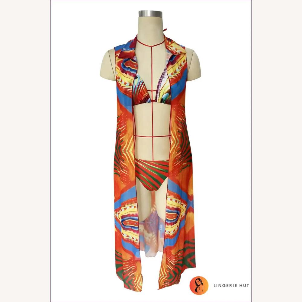 Ensemble de Bikini Imprimé en Trois Pièces pour Femme – Maillot de Bain Boho Élégant et Coloré, Tissu Sèche Rapide, Tailles S à XL