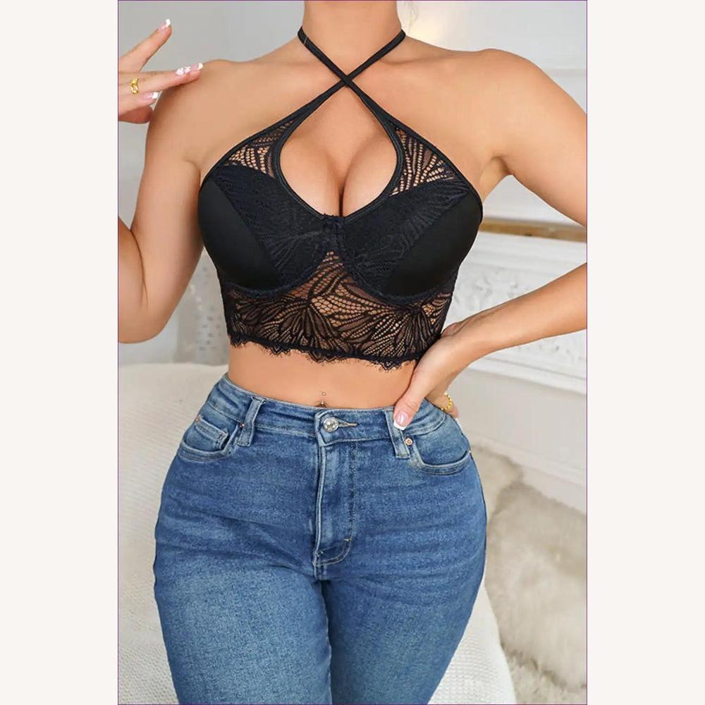 Camisole en Dentelle Sexy à Encolure Licou pour Femme – Ajustement Slim, Découpes Sensuelles, Élégance Estivale