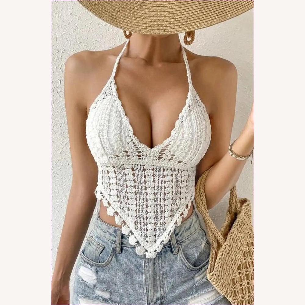 Haut d'Été Boho Chic en Crochet pour Femme à Dos Nu – Top Léger avec Sangles et Support Amovible, Idéal pour les Journées Ensoleillées