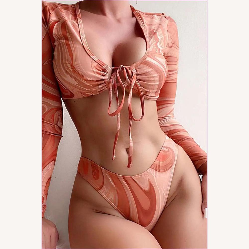 Bikini de Plage à Manches Longues Imprimé Tied Swirl pour Femme – Maillot de Bain Chic Deux Pièces Boho