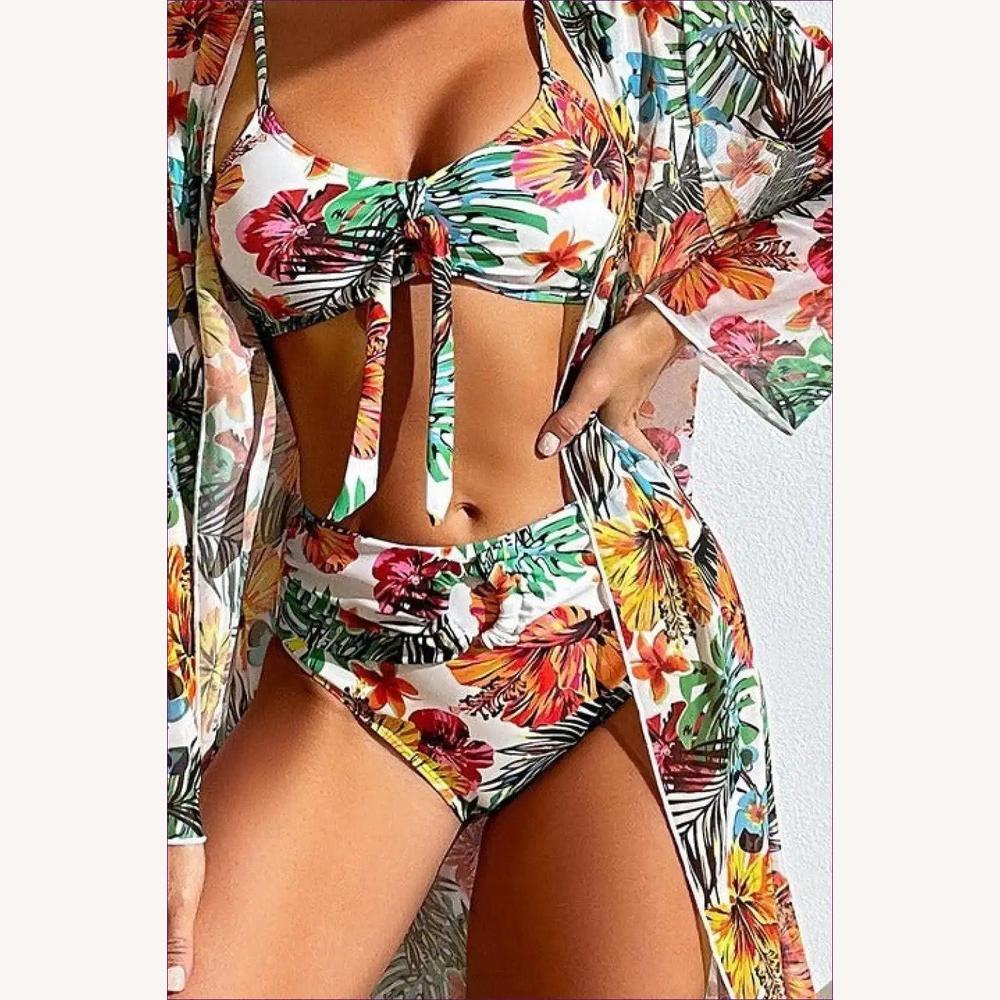 Women's Tropical Cut-Out Swimsuit – 3-Piece Boho Set, Satin Fabric, V-Neck, Maxi Length