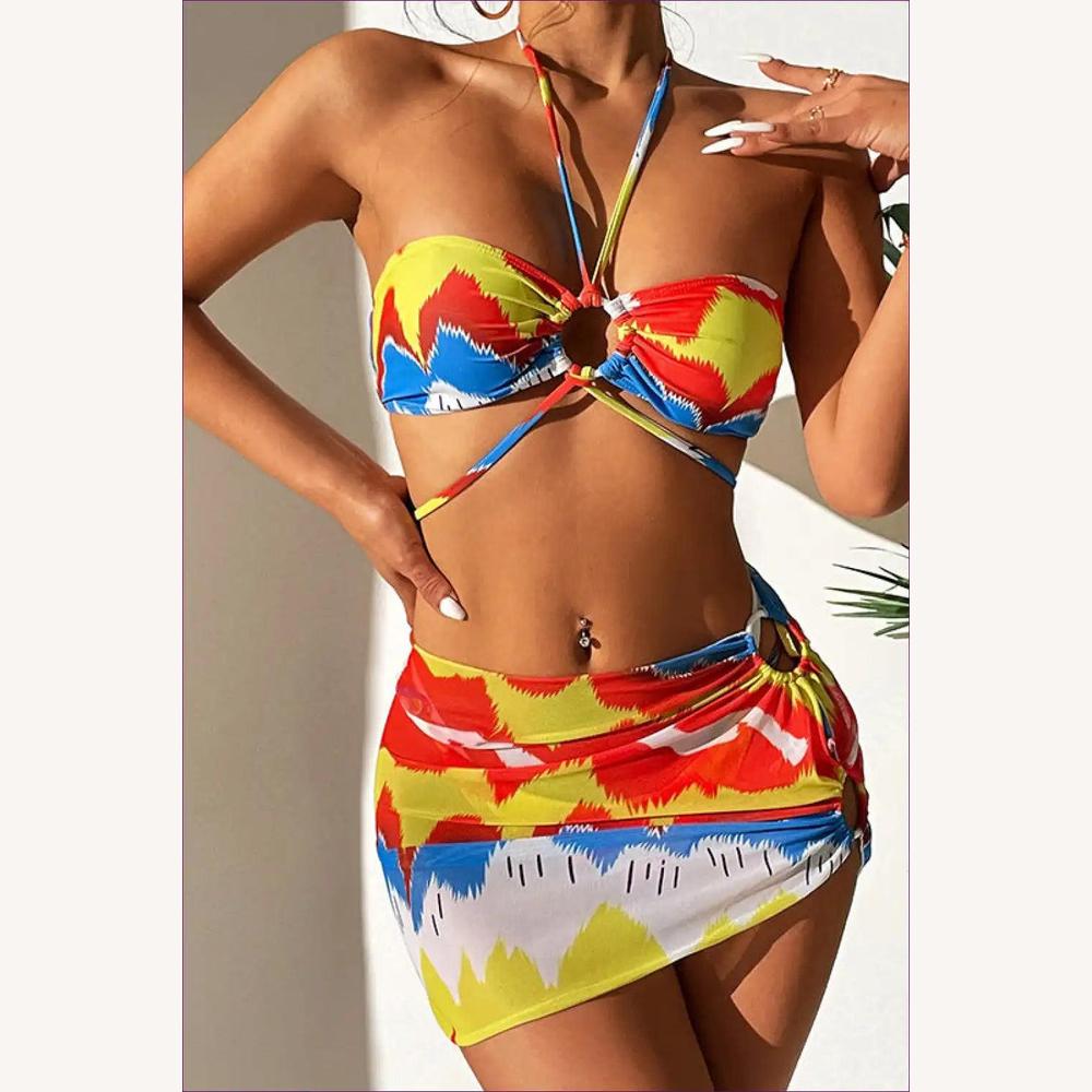 Ensemble de Maillot de Bain Femme Coloré à Trois Pièces avec Haut de Bikini et Bas Assorti – Style Boho Été