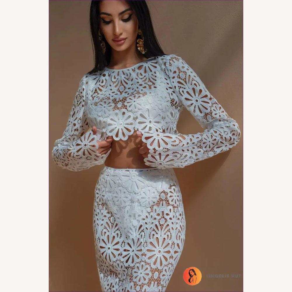 Ensemble en Dentelle Crochet Blanc Femme – Top Court à Manches Longues et Jupe Maxi Boho Chic