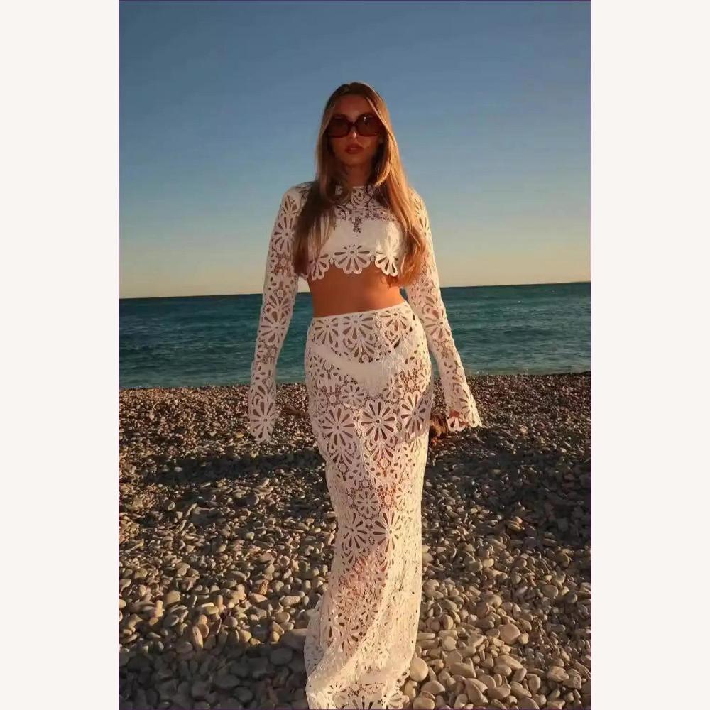 Ensemble en Dentelle Crochet Blanc Femme – Top Court à Manches Longues et Jupe Maxi Boho Chic