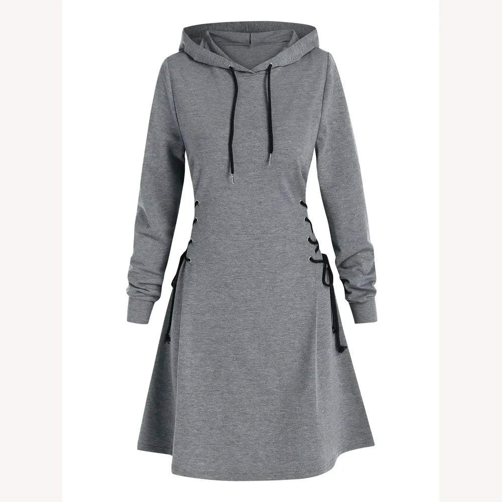 Casual Hooded Dress with Waist Lace-Up – Chic Casual Outfit for Women in Polyester