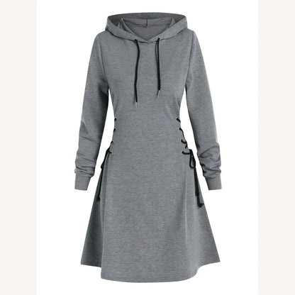Casual Hooded Dress with Waist Lace-Up – Chic Casual Outfit for Women in Polyester