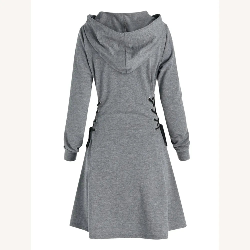 Casual Hooded Dress with Waist Lace-Up – Chic Casual Outfit for Women in Polyester