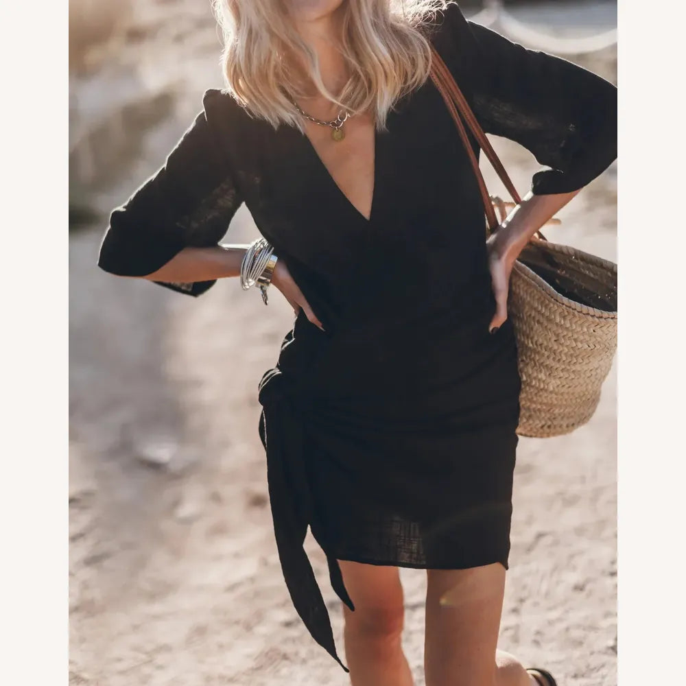 Variant image for Robe Longue Femme Portefeuille en Gaze de Coton – Beige ou Gris, Design Élégant et Confortable-5