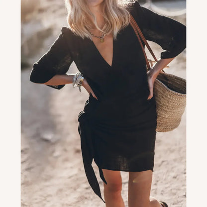 Variant image for Robe Longue Femme Portefeuille en Gaze de Coton – Beige ou Gris, Design Élégant et Confortable-5