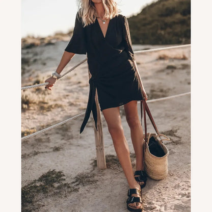 Long Women's Wrap Dress in Cotton Gauze – Beige or Gray, Elegant and Comfortable Design