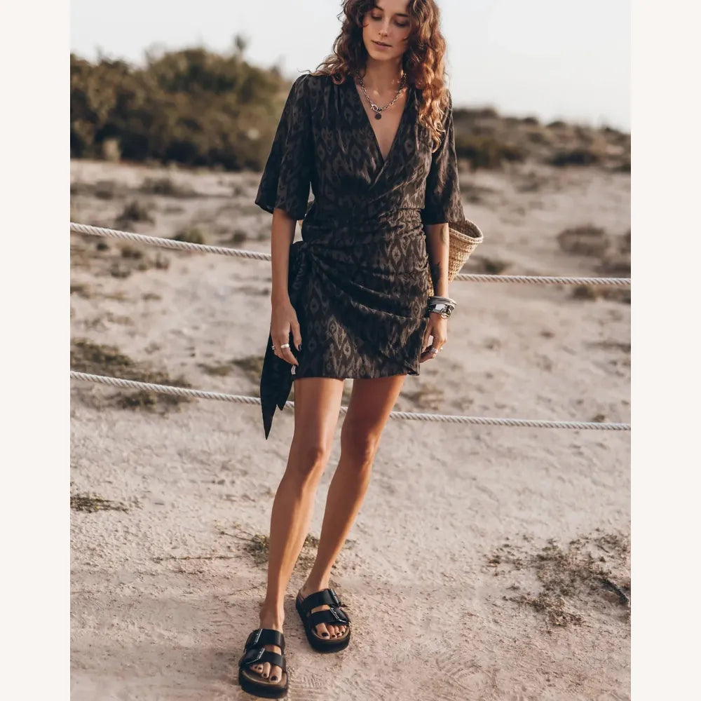 Long Women's Wrap Dress in Cotton Gauze – Beige or Gray, Elegant and Comfortable Design