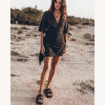 Long Women's Wrap Dress in Cotton Gauze – Beige or Gray, Elegant and Comfortable Design