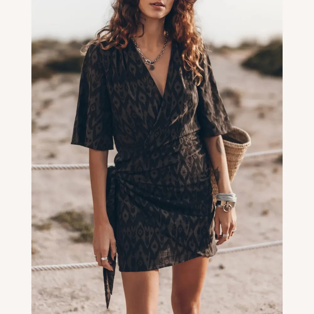 Long Women's Wrap Dress in Cotton Gauze – Beige or Gray, Elegant and Comfortable Design