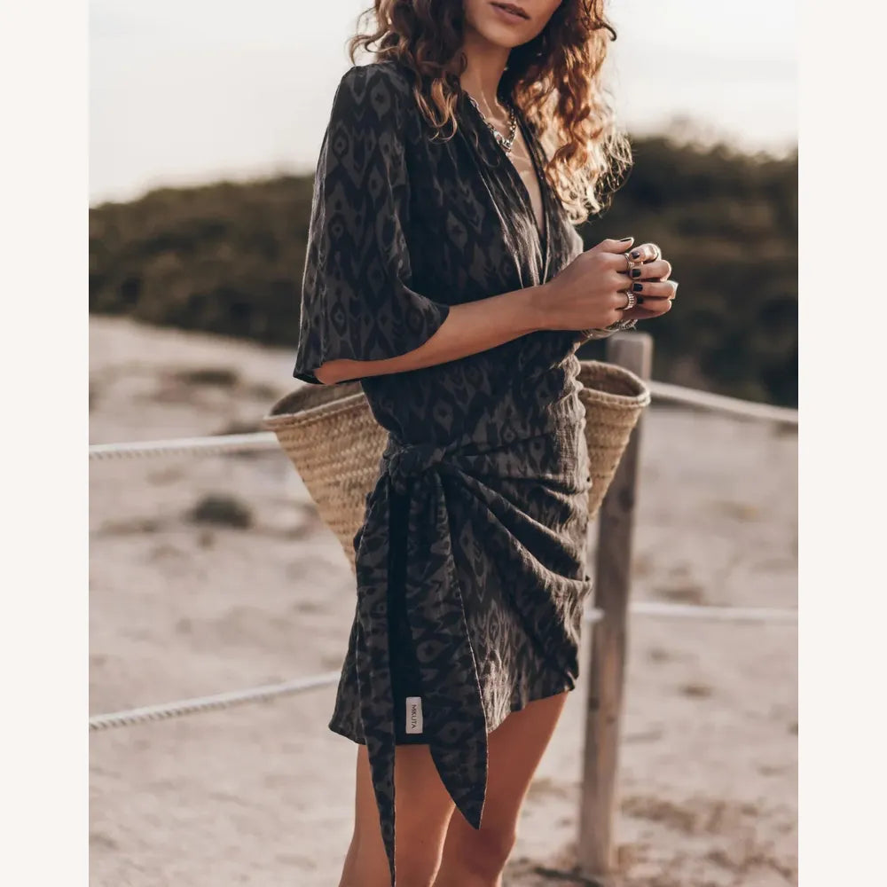 Long Women's Wrap Dress in Cotton Gauze – Beige or Gray, Elegant and Comfortable Design