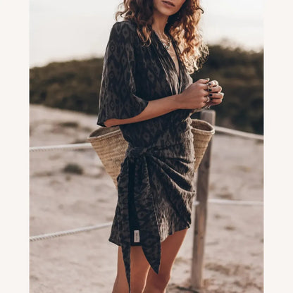 Long Women's Wrap Dress in Cotton Gauze – Beige or Gray, Elegant and Comfortable Design