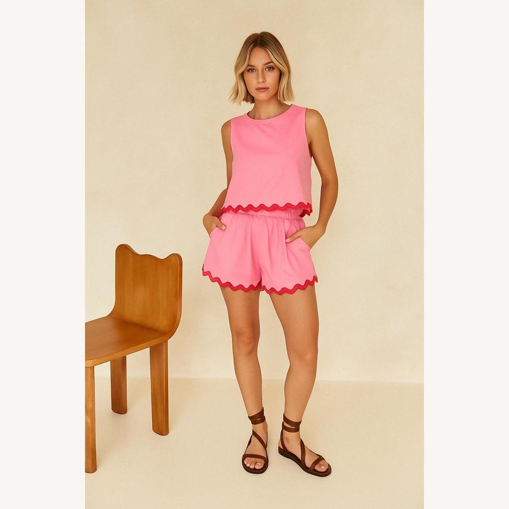 Ensemble Coordonné Léger Femme – Haut Sans Manches et Short Taille Haute en Mélange Coton-Polyester, Finitions Ondulées, Beige Noir Rose