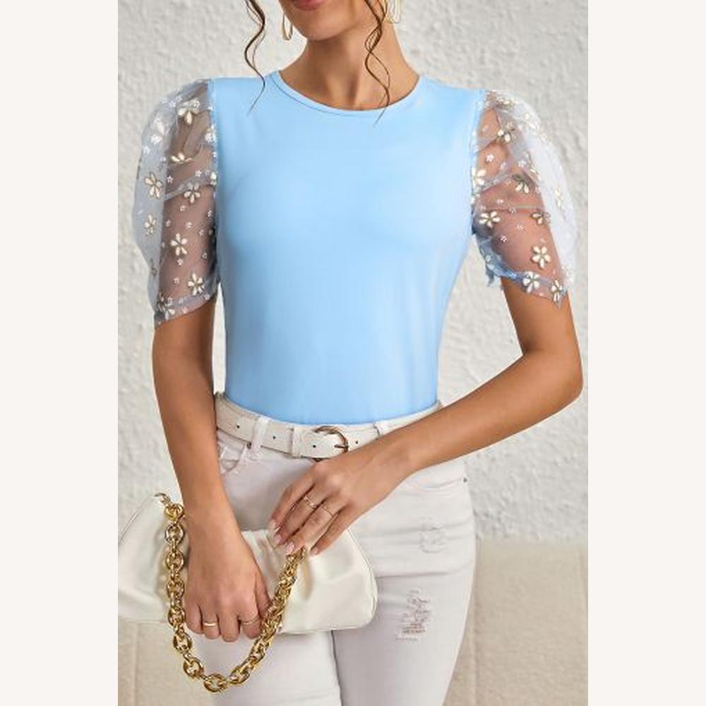 Haut Femme Élégant à Manches Bouffantes Brodées en Organza – Bleu, Confortable et Chic