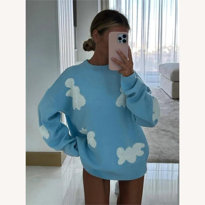 Women's Oversized Knit Sweater with Red Heart Embroidery – Soft and Comfortable in Knitwear