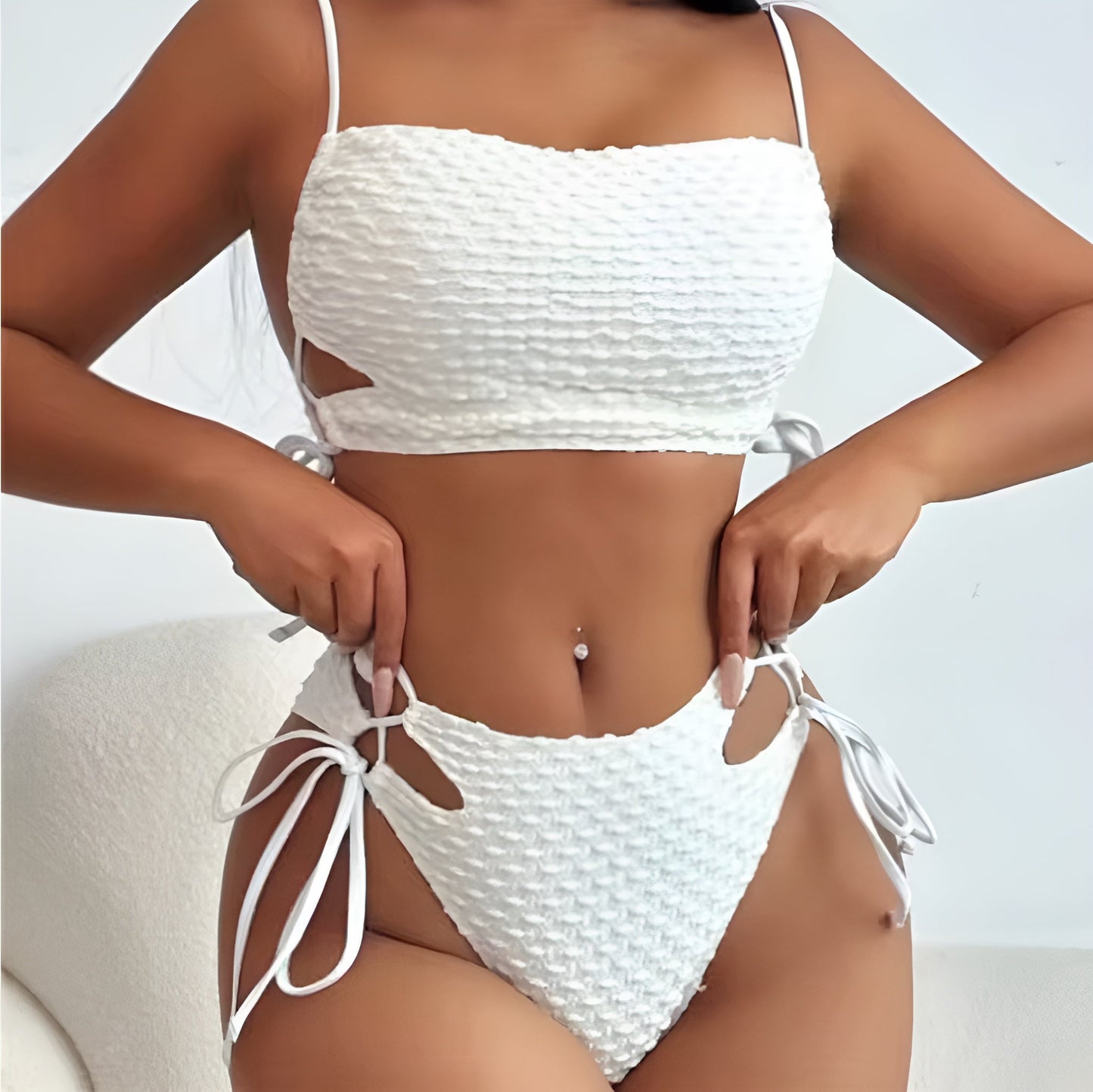 White Textured Bikini Set for Women with Adjustable Side Ties – Elegant Swimsuit for Beach and Pool
