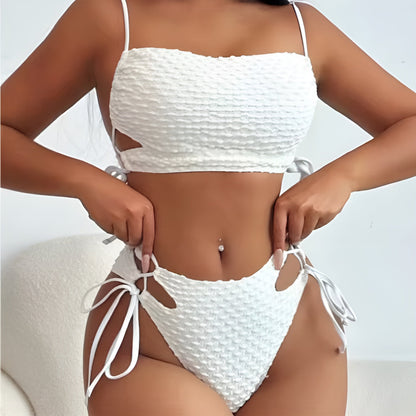 White Textured Bikini Set for Women with Adjustable Side Ties – Elegant Swimsuit for Beach and Pool
