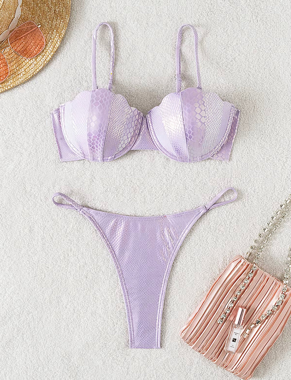 Bikini Femme Push-Up Brillant en Polyester – Style Boho pour Plage et Piscine