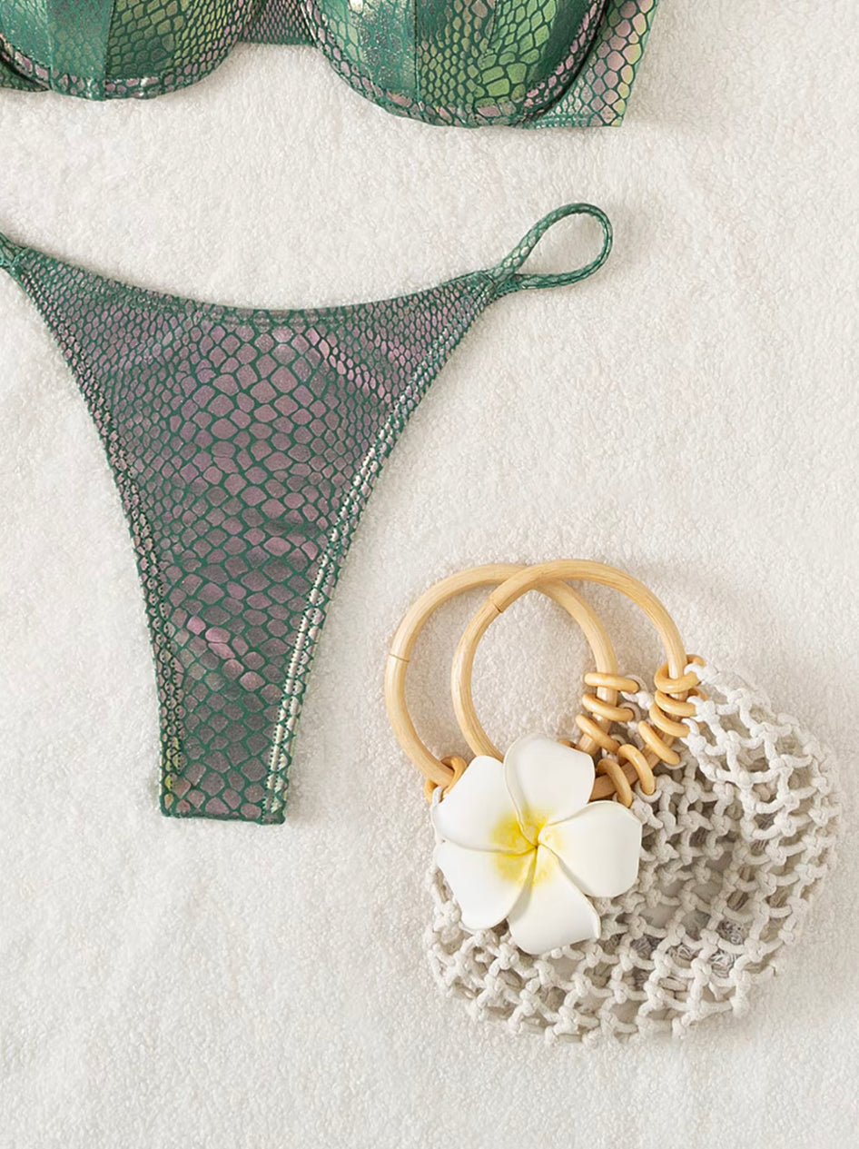 Bikini Femme Push-Up Brillant en Polyester – Style Boho pour Plage et Piscine