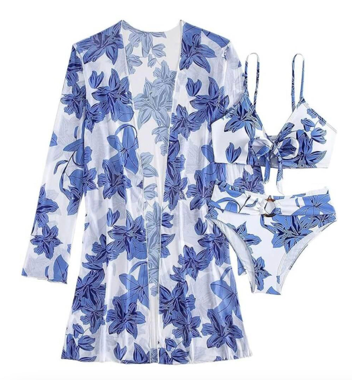 Women's Tropical Boho 3-Piece Swimsuit Set with Long Sleeve Top and Lace Details