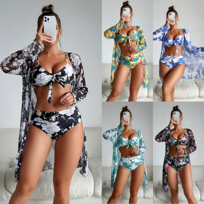 Women's Tropical Boho 3-Piece Swimsuit Set with Long Sleeve Top and Lace Details
