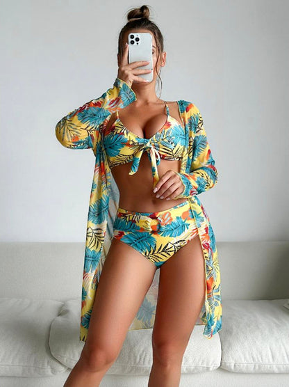 Women's Tropical Boho 3-Piece Swimsuit Set with Long Sleeve Top and Lace Details