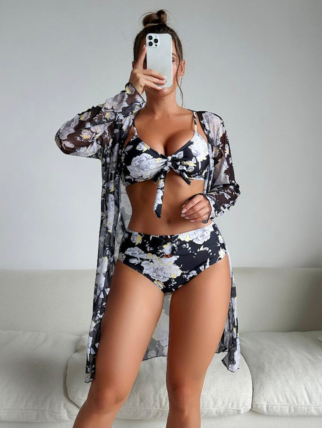 Women's Tropical Boho 3-Piece Swimsuit Set with Long Sleeve Top and Lace Details