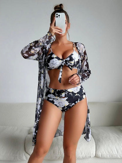 Women's Tropical Boho 3-Piece Swimsuit Set with Long Sleeve Top and Lace Details