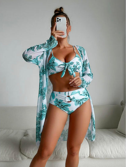 Women's Tropical Boho 3-Piece Swimsuit Set with Long Sleeve Top and Lace Details