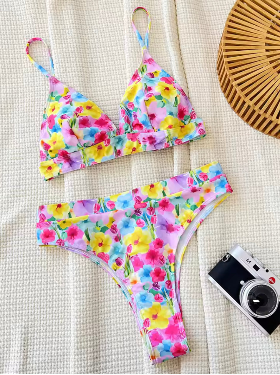 Bikini Triangle Floral Boho Femme – Maillot de Bain Été avec Détails de Cravate, Polyester Confortable, Tailles S à XL