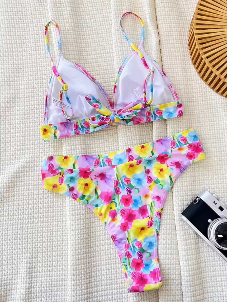 Bikini Triangle Floral Boho Femme – Maillot de Bain Été avec Détails de Cravate, Polyester Confortable, Tailles S à XL