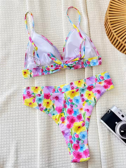 Triangle Floral Boho Bikini Woman – Summer Swimsuit with Tie Details, Comfortable Polyester, Sizes S to XL