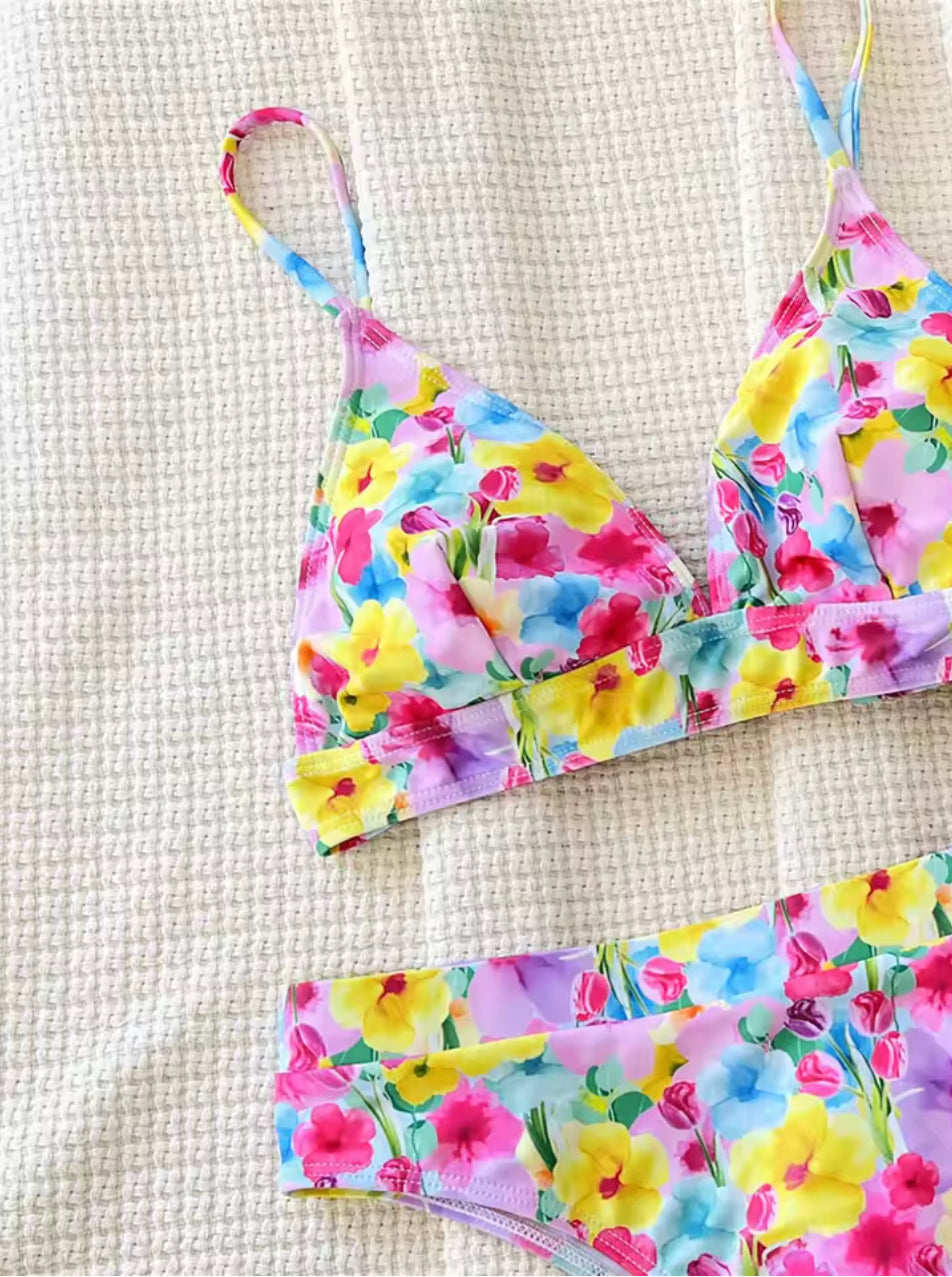 Bikini Triangle Floral Boho Femme – Maillot de Bain Été avec Détails de Cravate, Polyester Confortable, Tailles S à XL