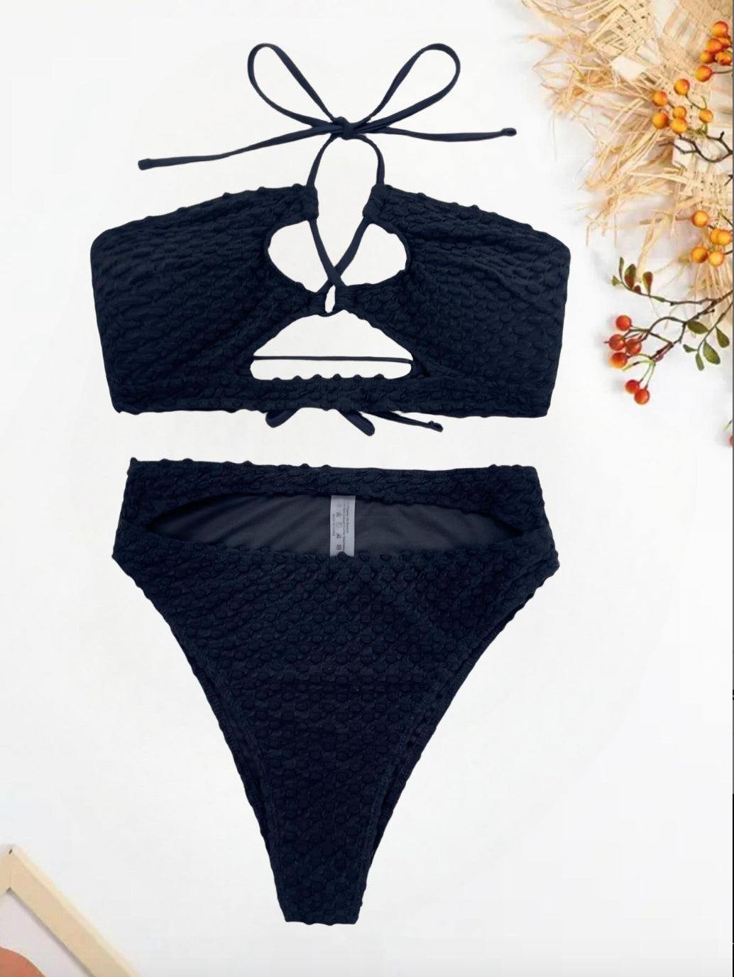 Beige String Bikini for Women – Boho Chic Swimsuit with Lace-up Details and Halter Straps