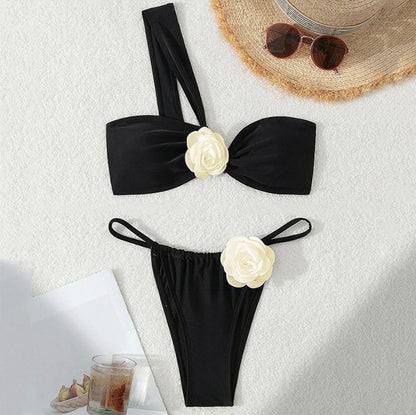 One-Shoulder Floral White Bikini for Women with 3D Decoration – Boho-Chic Asymmetric Swimsuit