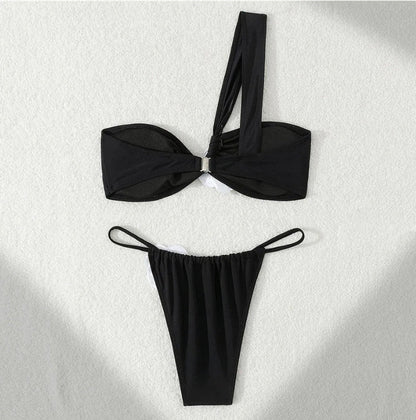 One-Shoulder Floral White Bikini for Women with 3D Decoration – Boho-Chic Asymmetric Swimsuit