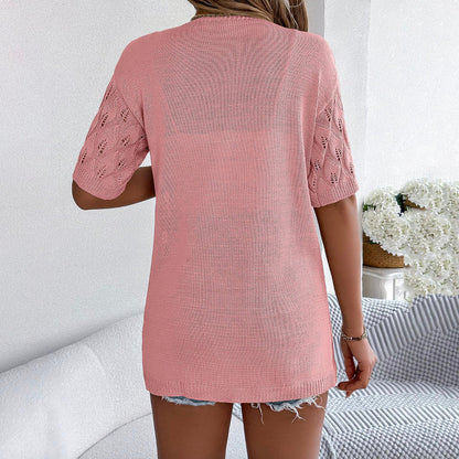 Women's Jersey Cardigan with Leaf Cutout – Casual Elegance, 1/2 Sleeves, Optimal Comfort