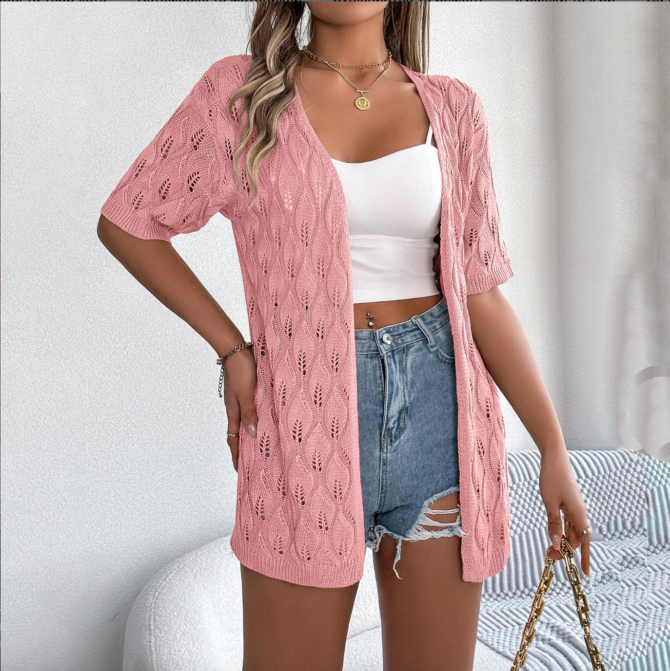 Cardigan Femme en Jersey à Découpe de Feuilles – Élégance Décontractée, Manches 1/2, Confort Optimal