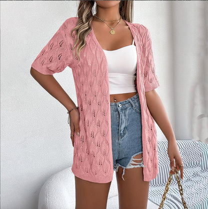 Women's Jersey Cardigan with Leaf Cutout – Casual Elegance, 1/2 Sleeves, Optimal Comfort