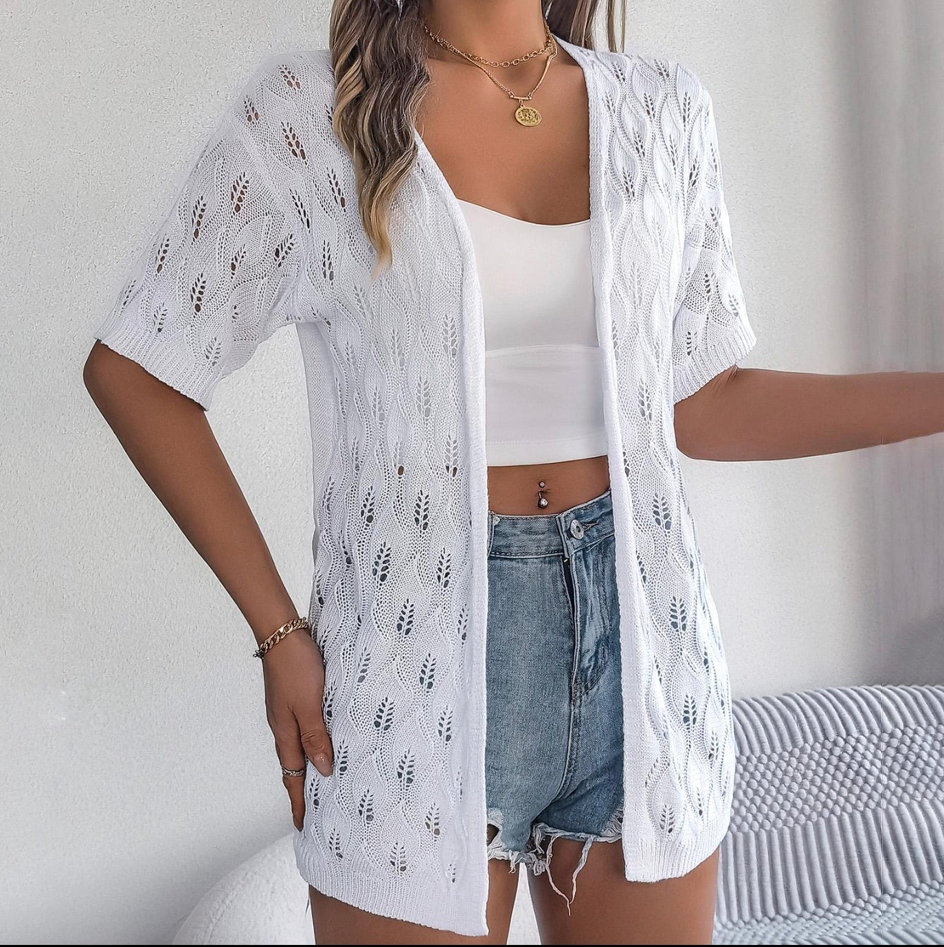 Cardigan Femme en Jersey à Découpe de Feuilles – Élégance Décontractée, Manches 1/2, Confort Optimal